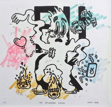 A black and white print with coloring